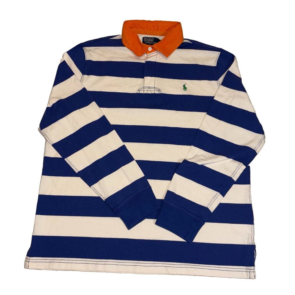 Polo Ralph Lauren Rugby Shirt XL Custom Fit Blue White Striped Orange Collar EUC